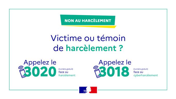 Si vous êtes victime ou témoin de harcèlement, appeler le 3020 face au harcèlement ou le 3018 face au cyberharcèlement